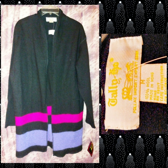Tally Ho Sweaters - Tally-Ho brand Blk/Magenta/Lavender Striped 100% Wool Long Knit Cardigan Sz Med